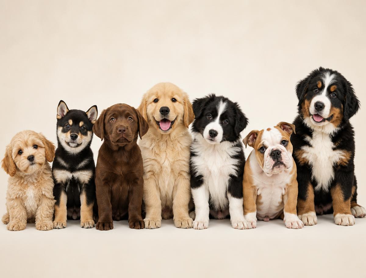 A lineup of puppies of different breeds and sizes