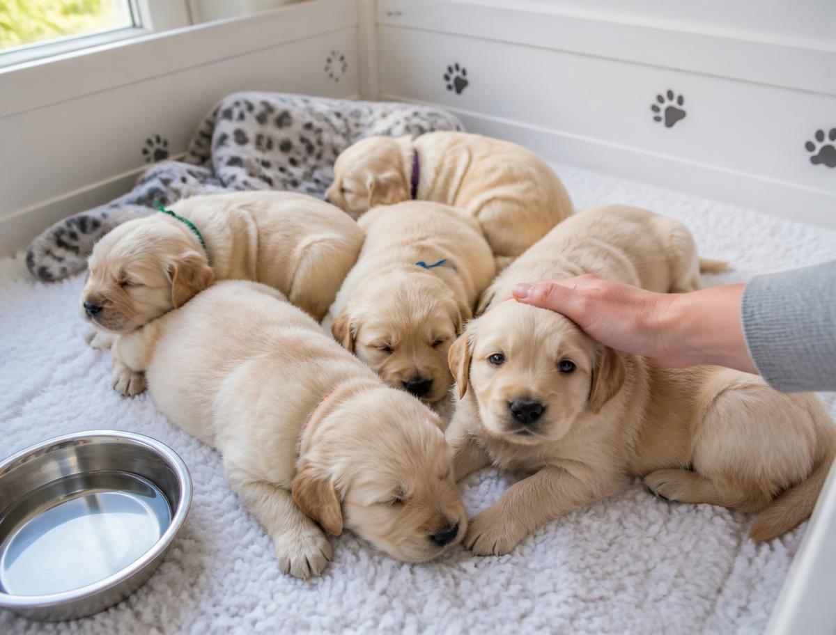 Clean puppy pen with healthy puppies being gently handled