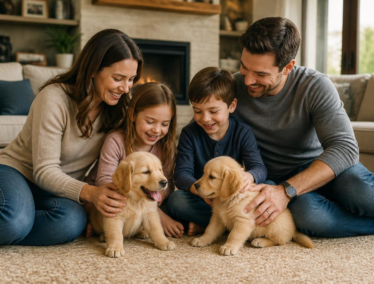 Family with children playing with two puppies at home