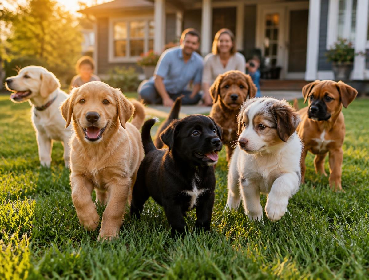 Group of puppies playing on a lawn in front of a family home