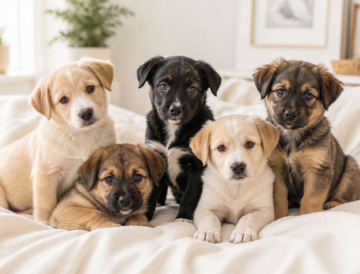 A litter of puppies resting together on clean cream bedding